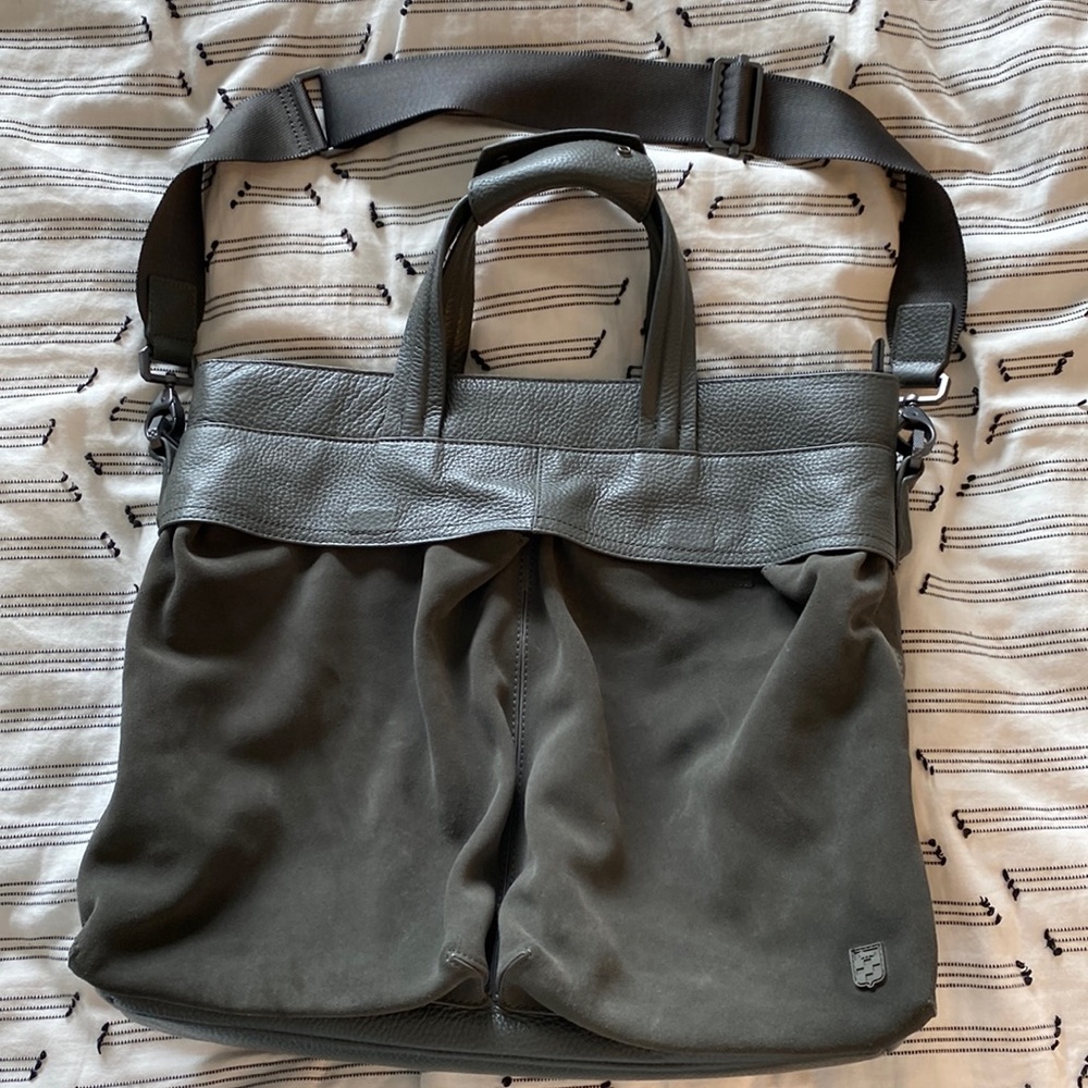 Large olive green/ gunmetal Vince Camuto tote bag, leather/ suede